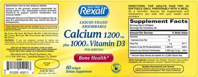 Photo of the Rexall Liquid Filled Absorbable Calcium 1200 mg Plus 1000 IU Vitamin D3 label