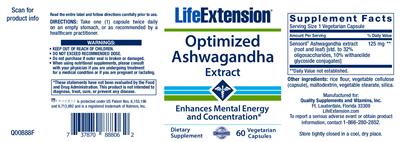 Photo of the Life Extension Optimized Ashwagandha Extract label
