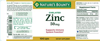 Photo of the Nature's Bounty Chelated Zinc 50 mg label