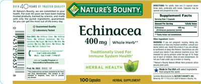 Photo of the Nature's Bounty Echinacea 400 mg label