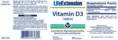 Photo of the Life Extension Vitamin D3 1000 IU label