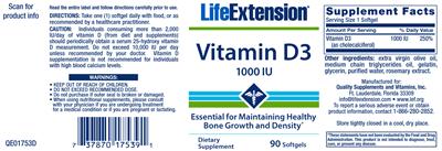 Photo of the Life Extension Vitamin D3 1000 IU label