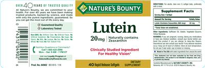 Photo of the Nature's Bounty Lutein 20 mg label