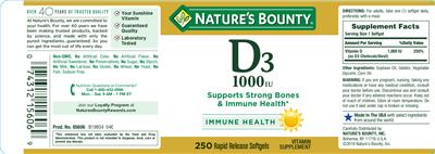 Photo of the Nature's Bounty D3 1000 IU label