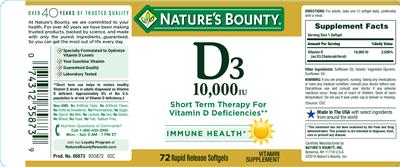 Photo of the Nature's Bounty D3 10,000 IU label