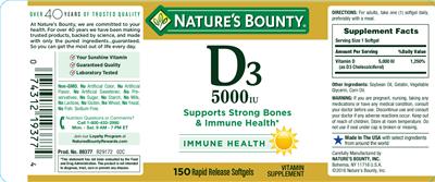Photo of the Nature's Bounty D3 5000 IU label
