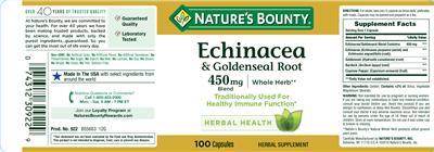 Photo of the Nature's Bounty Echinacea & Goldenseal Root 450 mg Blend label