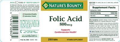 Photo of the Nature's Bounty Folic Acid 800 mcg label