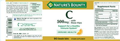 Photo of the Nature's Bounty C 500 mg With Rose Hips Natural Orange Flavor label
