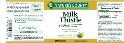 Photo of the Nature's Bounty Milk Thistle 250 mg label
