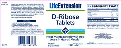 Photo of the Life Extension D-Ribose Tablets label