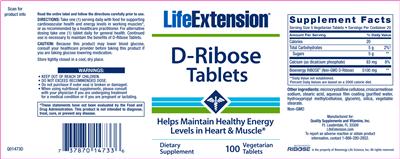 Photo of the Life Extension D-Ribose Tablets label