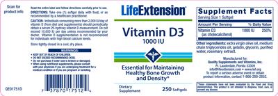 Photo of the Life Extension Vitamin D3 1000 IU label