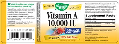 Photo of the Nature's Way Vitamin A 10,000 IU label