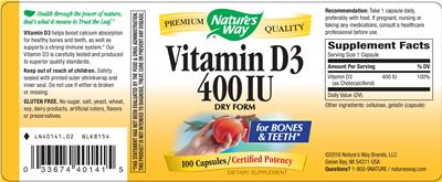 Photo of the Nature's Way Vitamin D3 400 IU Dry Form label