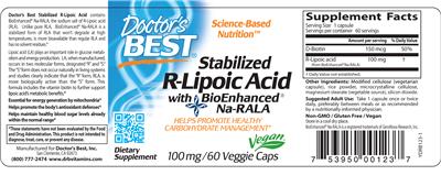 Photo of the Doctor's Best Stabilized R-Lipoic Acid 100 mg label