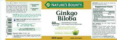 Photo of the Nature's Bounty Ginkgo Biloba 60 mg label