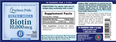 Photo of the Puritan's Pride Ultra Mega Biotin 10,000 mcg label