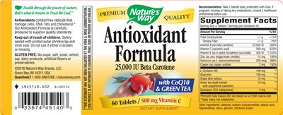 Photo of the Nature's Way Antioxidant Formula 25,000 IU Beta Carotene label
