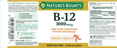 Photo of the Nature's Bounty B-12 1000 mcg label