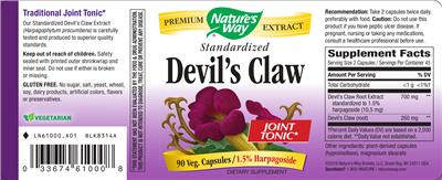 Photo of the Nature's Way Standardized Devil's Claw label