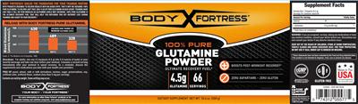 Photo of the Body Fortress 100% Pure Glutamine Powder label