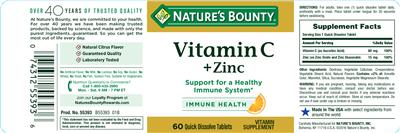 Photo of the Nature's Bounty Vitamin C + Zinc Natural Citrus Flavor label