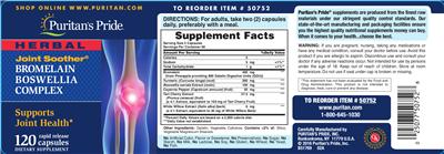 Photo of the Puritan's Pride Joint Soother Bromelain Boswellia Complex label