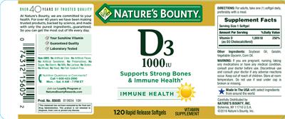 Photo of the Nature's Bounty D3 1000 IU label