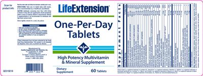 Photo of the Life Extension One-Per-Day Tablets label
