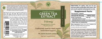 Photo of the Vitamin World Green Tea Extract 750 mg label