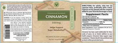 Photo of the Vitamin World Cinnamon 500 mg label