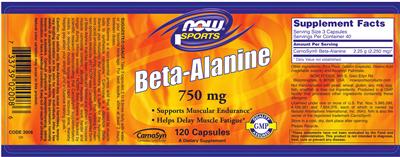 Photo of the NOW Sports Beta-Alanine 750 mg label
