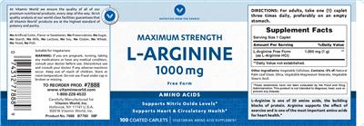 Photo of the Vitamin World Maximum Strength L-Arginine 1000 mg Free Form label
