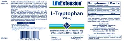 Photo of the Life Extension L-Tryptophan 500 mg label