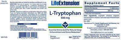 Photo of the Life Extension L-Tryptophan 500 mg label