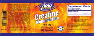 Photo of the NOW Sports Creatine Monohydrate 750 mg label
