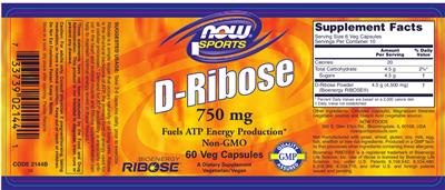 Photo of the NOW Sports D-Ribose 750 mg label
