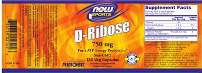 Photo of the NOW Sports D-Ribose 750 mg label