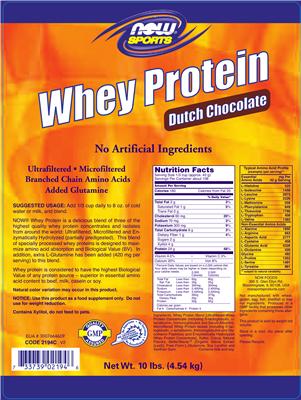 Photo of the NOW Sports Whey Protein Dutch Chocolate label