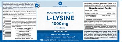 Photo of the Vitamin World Maximum Strength L-Lysine 1000 mg Free Form label