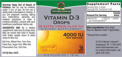 Photo of the Nature's Answer Vitamin D-3 Drops 4000 IU label