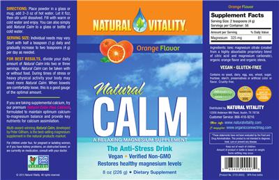 Photo of the Natural Vitality Natural CALM Orange Flavor label