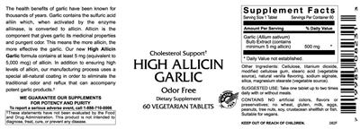 Photo of the VitaCeutical Labs High Allicin Garlic label