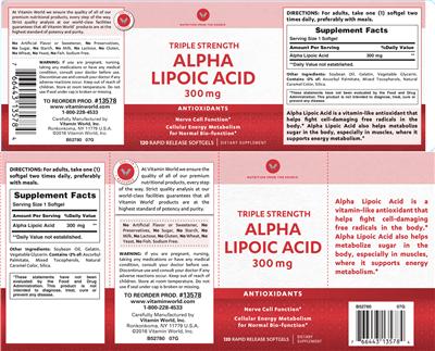 Photo of the Vitamin World Triple Strength Alpha Lipoic Acid 300 mg label