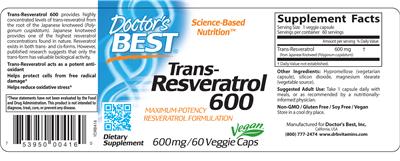 Photo of the Doctor's Best Trans-Resveratrol 600 mg label
