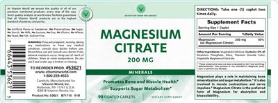 Photo of the Vitamin World Magnesium Citrate 200 mg label