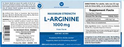 Photo of the Vitamin World Maximum Strength L-Arginine 1000 mg label