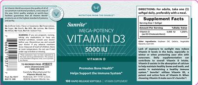 Photo of the Vitamin World Mega-Potency Vitamin D3 5000 IU label
