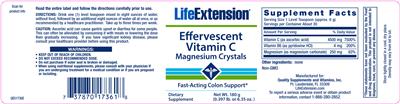 Photo of the Life Extension Effervescent Vitamin C Magnesium Crystals label